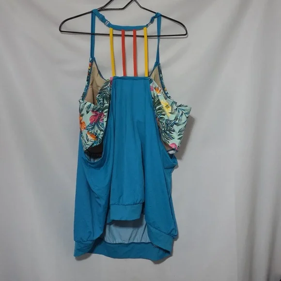 SWIM By Cacique Women's Swim TOP Bra W/Tank Overshirt Aqua Tropical Sz 28 EUC - Picture 7 of 14